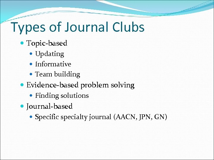 Types of Journal Clubs Topic-based Updating Informative Team building Evidence-based problem solving Finding solutions