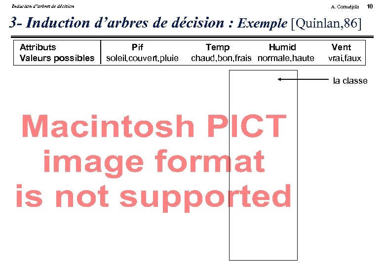 Induction d’arbres de décision A. Cornuéjols 10 3 - Induction d’arbres de décision :