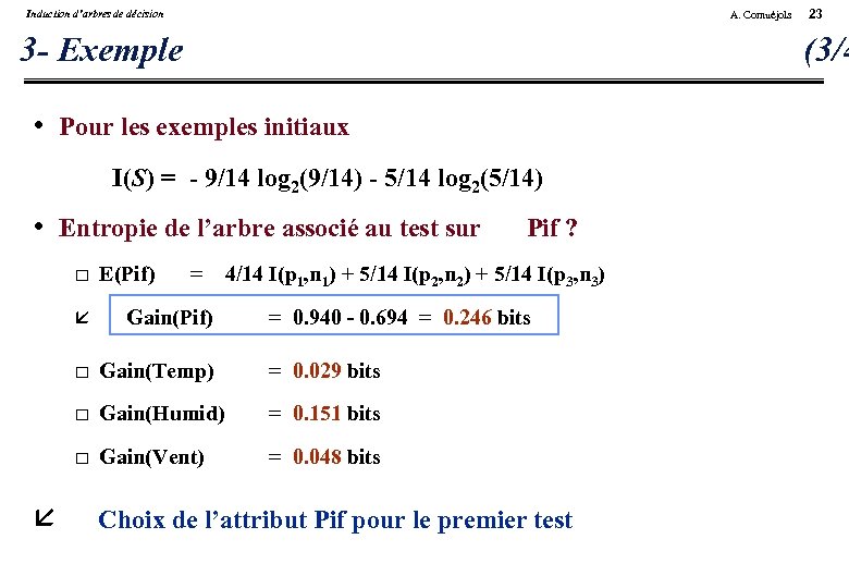 Induction d’arbres de décision A. Cornuéjols 3 - Exemple (3/4 • Pour les exemples