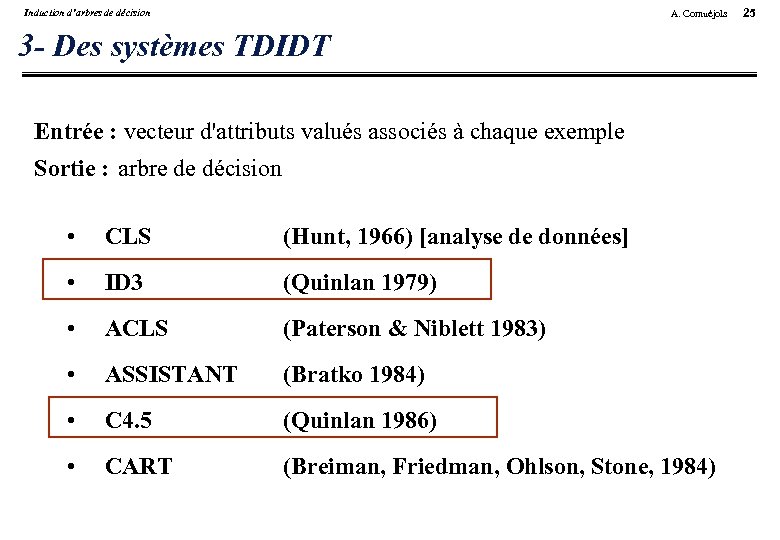 Induction d’arbres de décision A. Cornuéjols 3 - Des systèmes TDIDT Entrée : vecteur
