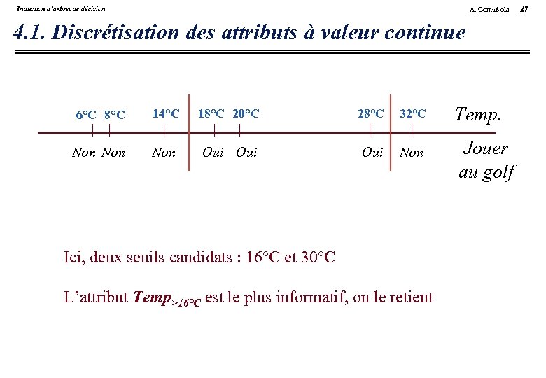 Induction d’arbres de décision A. Cornuéjols 4. 1. Discrétisation des attributs à valeur continue