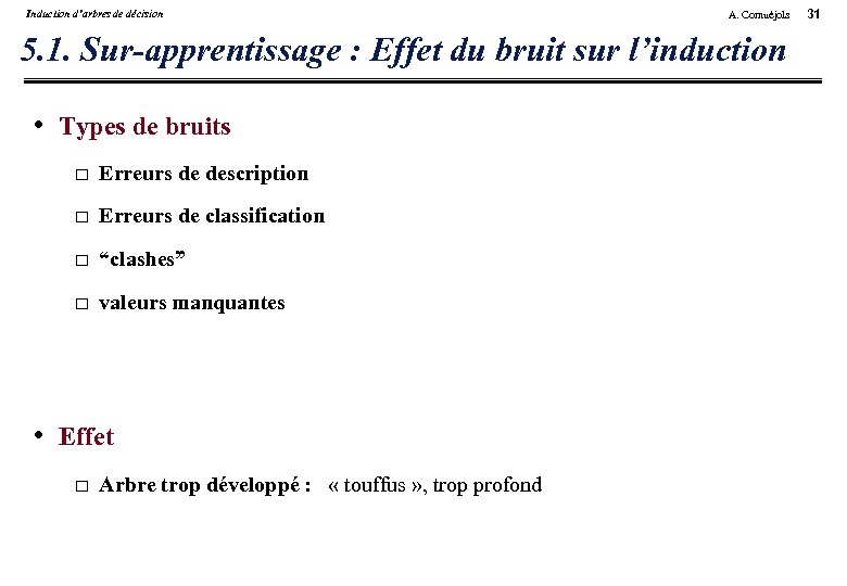 Induction d’arbres de décision A. Cornuéjols 5. 1. Sur-apprentissage : Effet du bruit sur