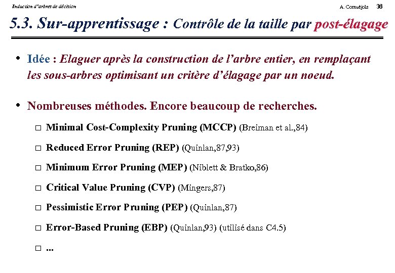 Induction d’arbres de décision A. Cornuéjols 36 5. 3. Sur-apprentissage : Contrôle de la