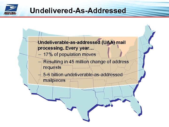 Undelivered-As-Addressed Undeliverable-as-addressed (UAA) mail processing. Every year… - 17% of population moves - Resulting