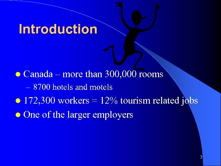 Introduction l Canada – more than 300, 000 rooms – 8700 hotels and motels