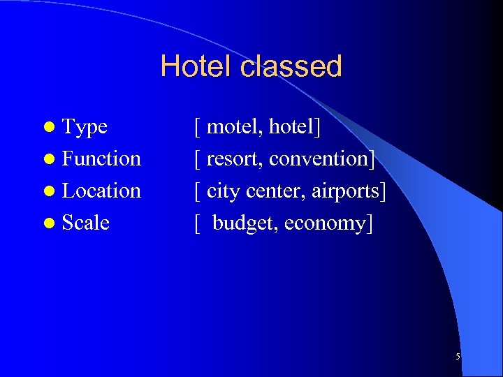 Hotel classed l Type l Function l Location l Scale [ motel, hotel] [