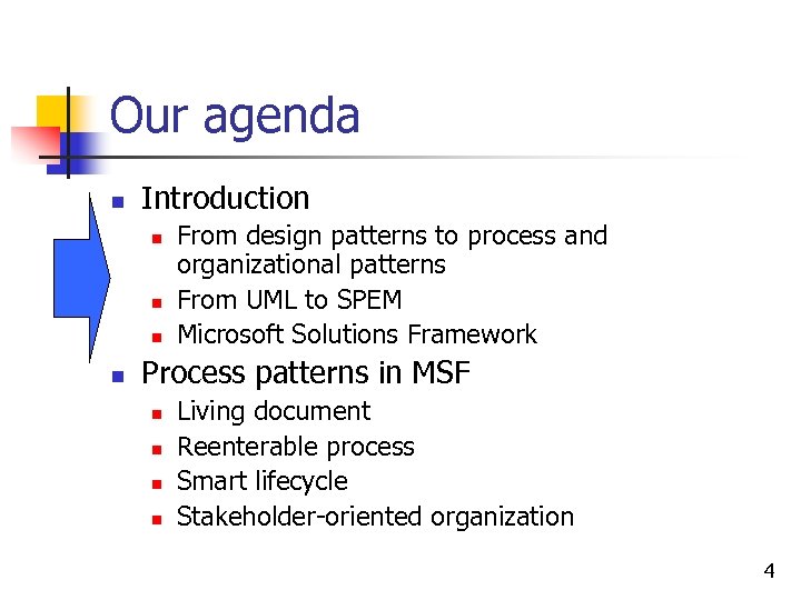 Our agenda n Introduction n n From design patterns to process and organizational patterns