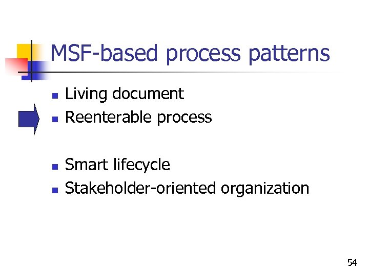 MSF-based process patterns n n Living document Reenterable process Smart lifecycle Stakeholder-oriented organization 54