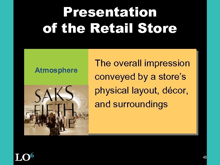 Presentation of the Retail Store Atmosphere LO 6 The overall impression conveyed by a