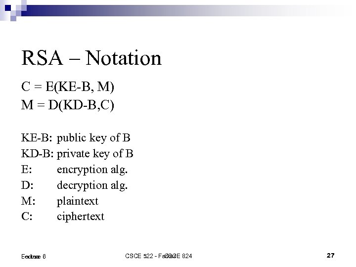 RSA – Notation C = E(KE-B, M) M = D(KD-B, C) KE-B: public key