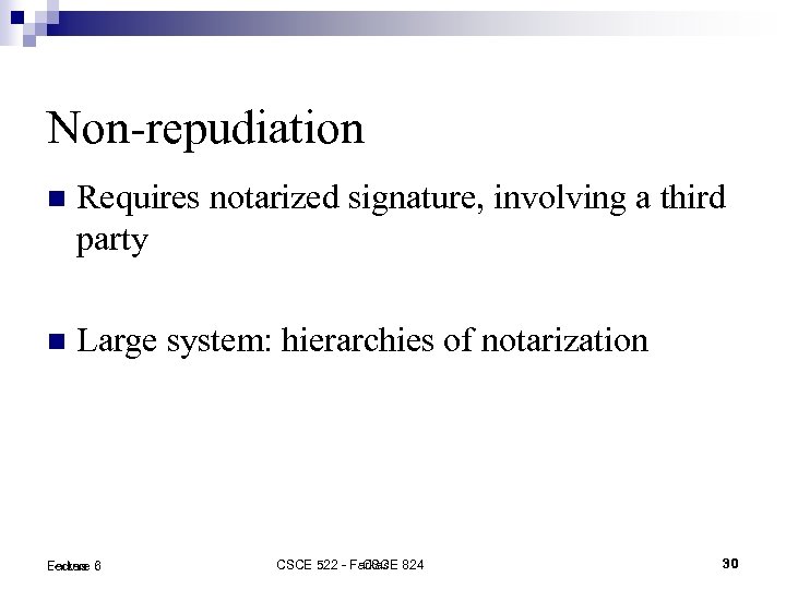 Non-repudiation Requires notarized signature, involving a third party Large system: hierarchies of notarization Lecture