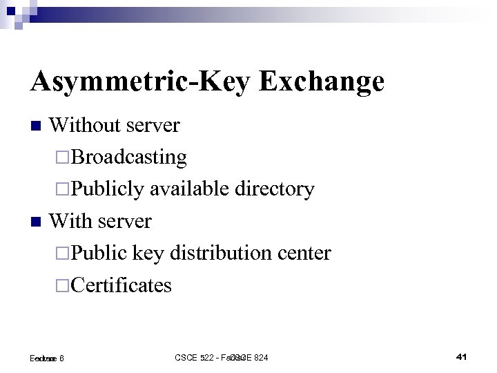 Asymmetric-Key Exchange Without server Broadcasting Publicly available directory With server Public key distribution center