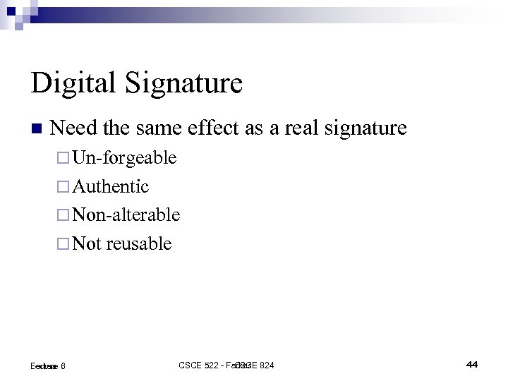 Digital Signature Need the same effect as a real signature Un-forgeable Authentic Non-alterable Not