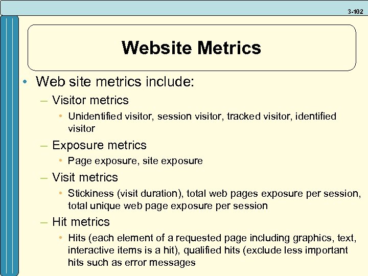3 -102 Website Metrics • Web site metrics include: – Visitor metrics • Unidentified