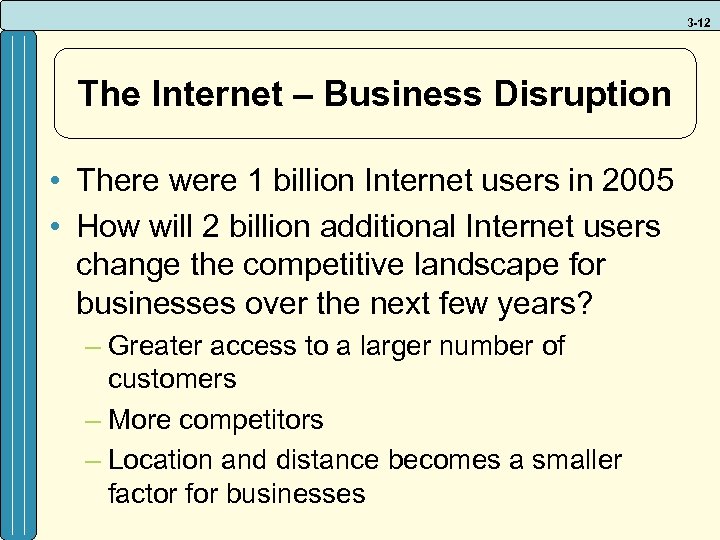 3 -12 The Internet – Business Disruption • There were 1 billion Internet users
