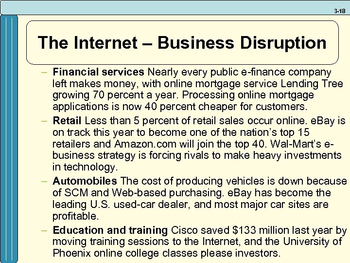 3 -18 The Internet – Business Disruption – Financial services Nearly every public e-finance
