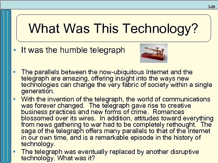3 -20 What Was This Technology? • It was the humble telegraph • The