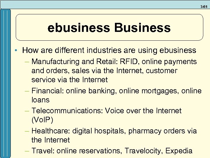 3 -65 ebusiness Business • How are different industries are using ebusiness – Manufacturing