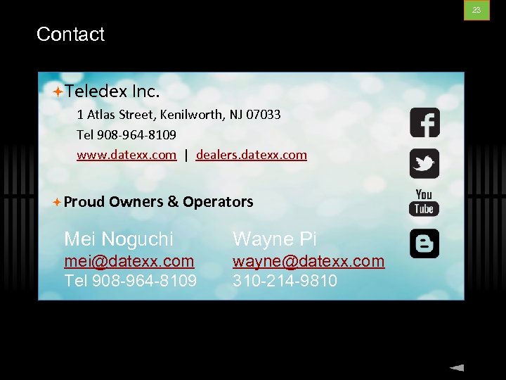 23 Contact Teledex Inc. 1 Atlas Street, Kenilworth, NJ 07033 Tel 908 -964 -8109