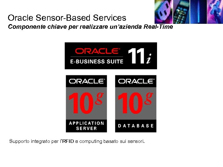 Oracle Sensor-Based Services Componente chiave per realizzare un’azienda Real-Time Supporto integrato per l’RFID e