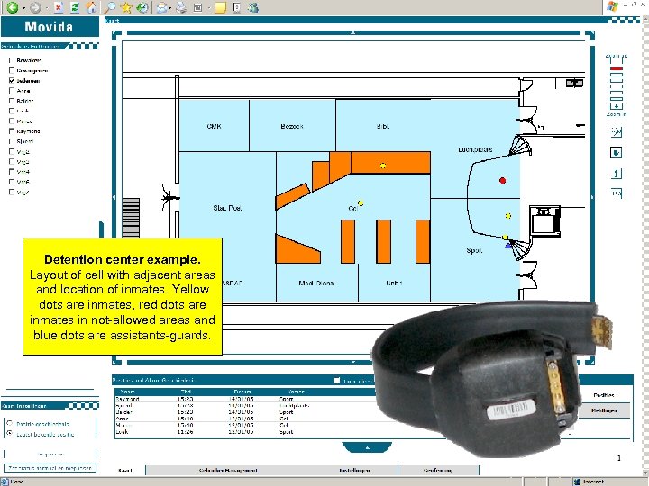 Detention center example. Layout of cell with adjacent areas and location of inmates. Yellow