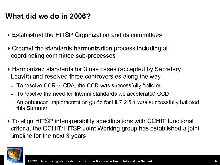 What did we do in 2006? Established the HITSP Organization and its committees Created