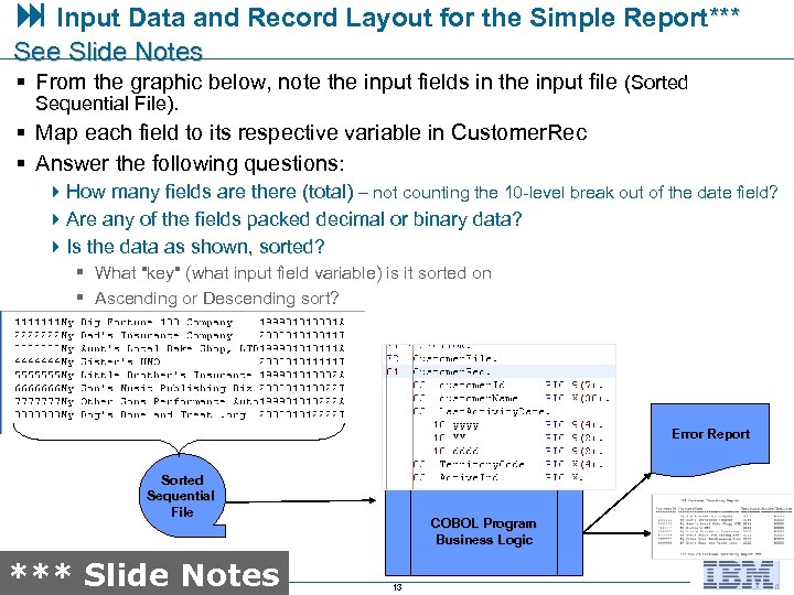  Input Data and Record Layout for the Simple Report*** See Slide Notes §