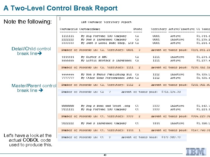 A Two-Level Control Break Report Note the following: Detail/Child control break line Master/Parent control