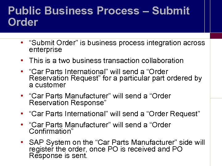 Public Business Process – Submit Order • “Submit Order” is business process integration across
