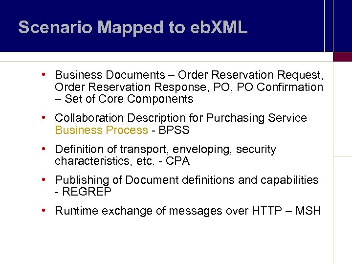 Scenario Mapped to eb. XML • Business Documents – Order Reservation Request, Order Reservation