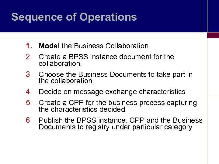 Sequence of Operations 1. Model the Business Collaboration. 2. Create a BPSS instance document