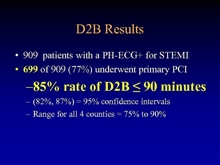 D 2 B Results • 909 patients with a PH-ECG+ for STEMI • 699