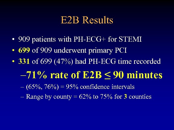 E 2 B Results • 909 patients with PH-ECG+ for STEMI • 699 of