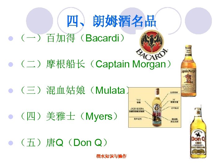 四、朗姆酒名品 l （一）百加得（Bacardi） l （二）摩根船长（Captain Morgan） l （三）混血姑娘（Mulata） l （四）美雅士（Myers） l （五）唐Q（Don Q） 酒水知识与操作