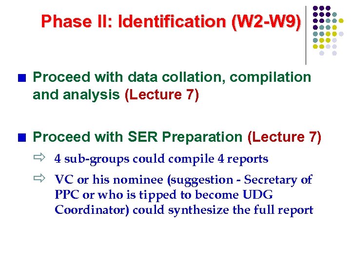 Phase II: Identification (W 2 -W 9) Proceed with data collation, compilation and analysis