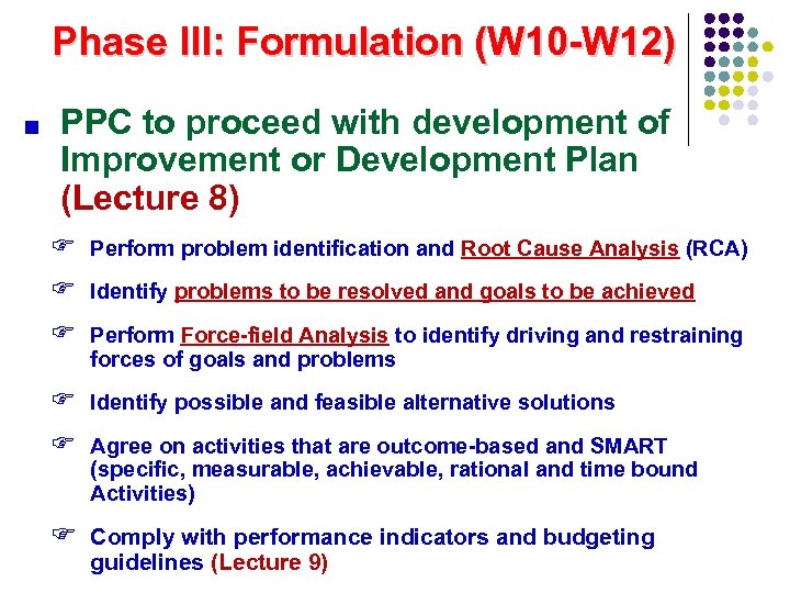 Phase III: Formulation (W 10 -W 12) PPC to proceed with development of Improvement