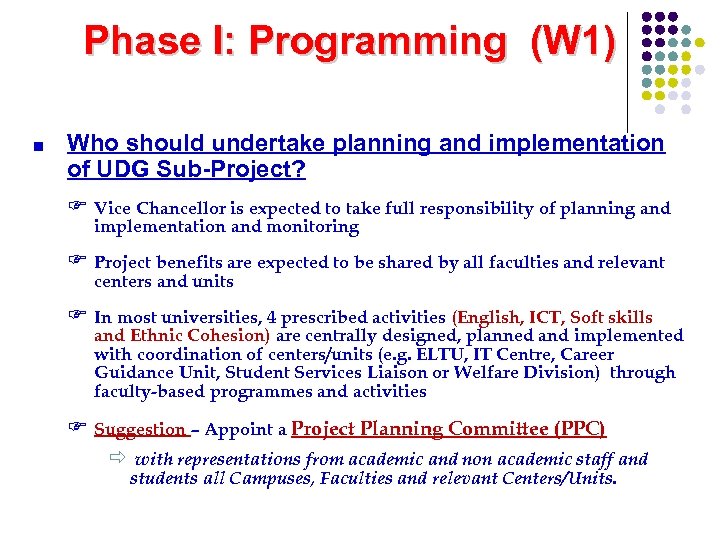 Phase I: Programming (W 1) Who should undertake planning and implementation of UDG Sub-Project?