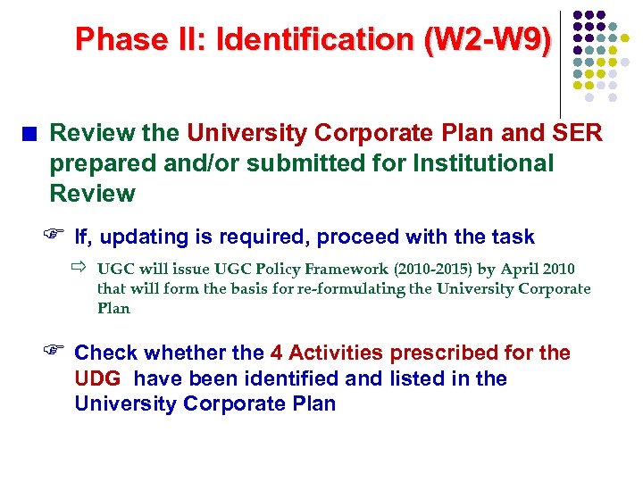 Phase II: Identification (W 2 -W 9) Review the University Corporate Plan and SER