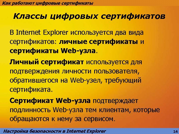 Как работают цифровые сертификаты Классы цифровых сертификатов В Internet Explorer используется два вида сертификатов: