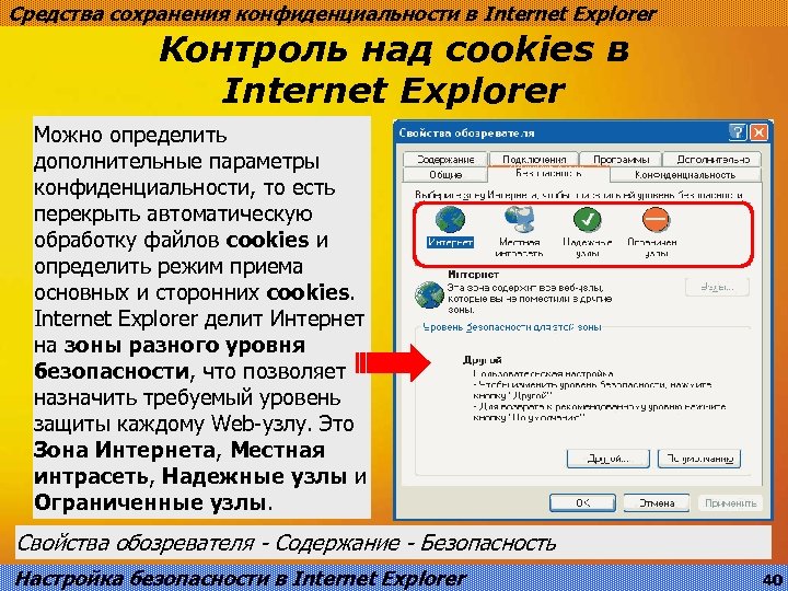 Средства сохранения конфиденциальности в Internet Explorer Контроль над cookies в Internet Explorer Можно определить