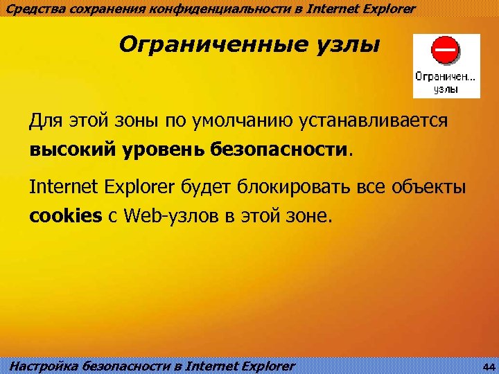 Средства сохранения конфиденциальности в Internet Explorer Ограниченные узлы Для этой зоны по умолчанию устанавливается