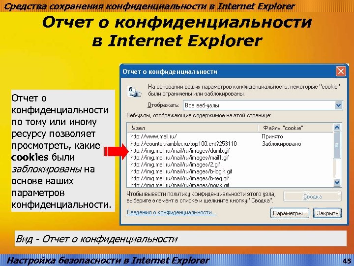 Средства сохранения конфиденциальности в Internet Explorer Отчет о конфиденциальности по тому или иному ресурсу