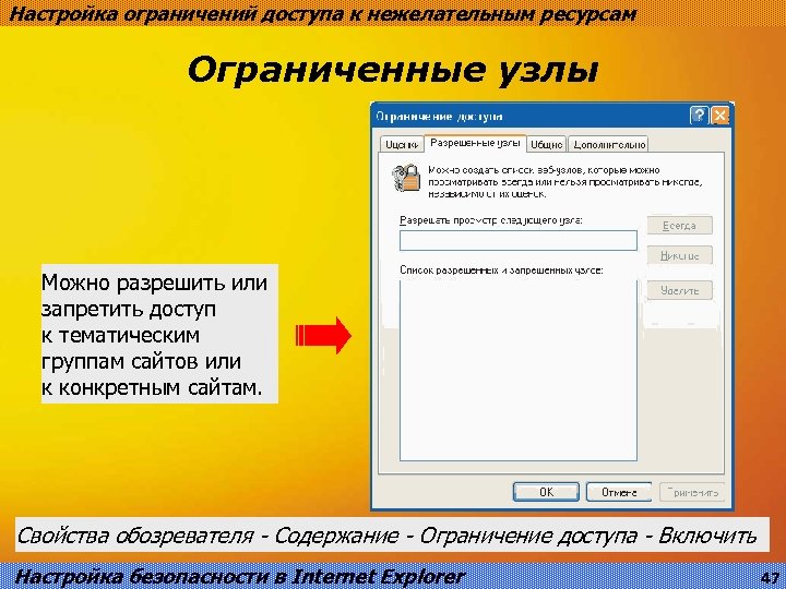 Настройка ограничений доступа к нежелательным ресурсам Ограниченные узлы Можно разрешить или запретить доступ к