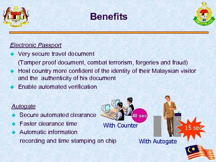 Benefits Electronic Passport u Very secure travel document (Tamper proof document, combat terrorism, forgeries