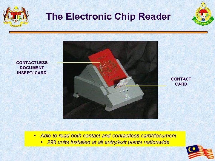 The Electronic Chip Reader CONTACTLESS DOCUMENT INSERT/ CARD CONTACT CARD • Able to read