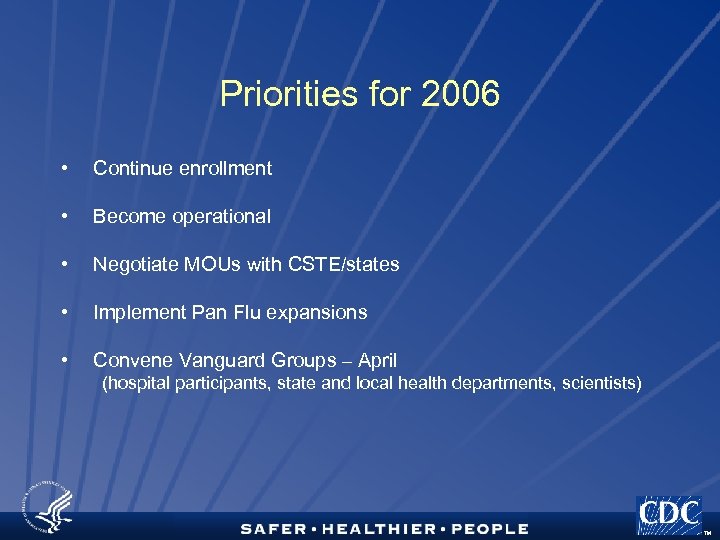 Priorities for 2006 • Continue enrollment • Become operational • Negotiate MOUs with CSTE/states