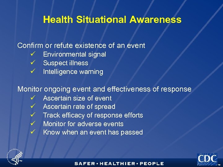 Health Situational Awareness Confirm or refute existence of an event ü ü ü Environmental