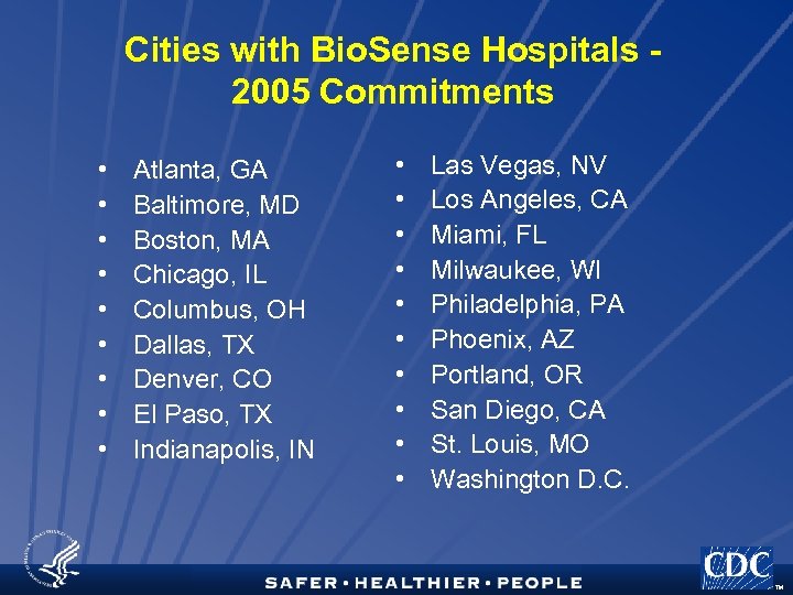 Cities with Bio. Sense Hospitals 2005 Commitments • • • Atlanta, GA Baltimore, MD