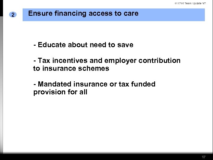 011706 Team Update V 7 2 Ensure financing access to care - Educate about