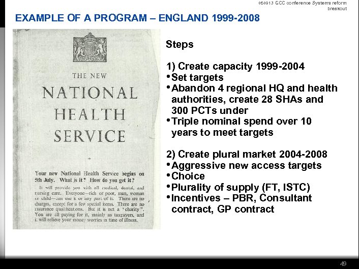 050913 GCC conference Systems reform breakout EXAMPLE OF A PROGRAM – ENGLAND 1999 -2008